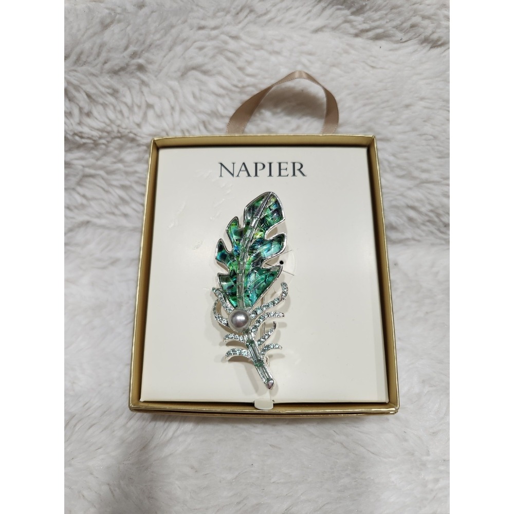 Napier Leaf Brooch Pin Green Enamel Pearl & Rhinestone Accents New in Box